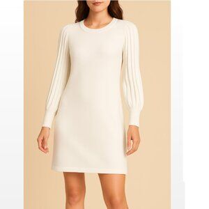 Nina Leonard Classic White Pleated Bubble Sleeve Sweater Dress  Size Large